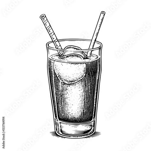 Intricate vintage engraved illustration of a refreshing beverage in a tall glass