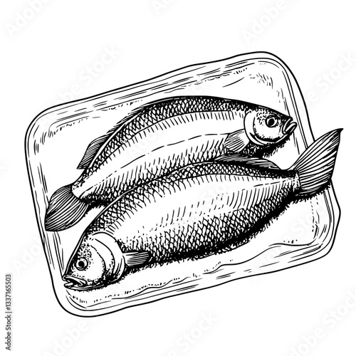Intricate engraving of two fish displayed on a vintage plate showcasing artistic craftsmanship in black and white