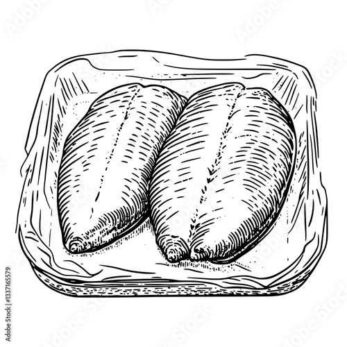 Hand-drawn vintage engraving of two fish fillets on a wooden platter