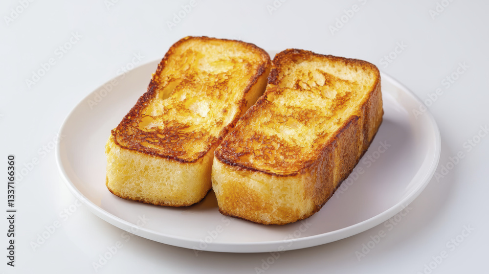 Delicious French toast slices on white plate, golden and crispy Delicious French toast slices on white plate, golden and crispy