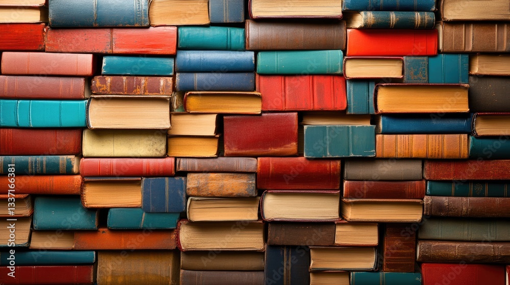 Stacked hardcover book background with visible worn-out spines