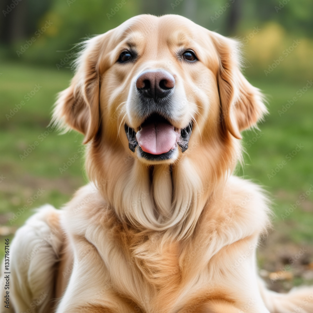 Beautiful golden retriever close-up. Portrait of a pedigree dog. Pet images for advertising and postcard design Beautiful golden retriever close-up. Portrait of a pedigree dog. Pet images for advertising and postcard design
