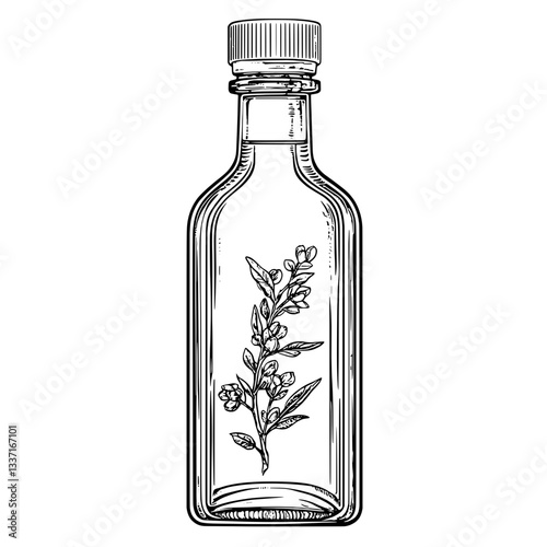 Detailed vintage illustration of a glass bottle with engraved floral design showcasing artisanal craftsmanship and nature’s beauty