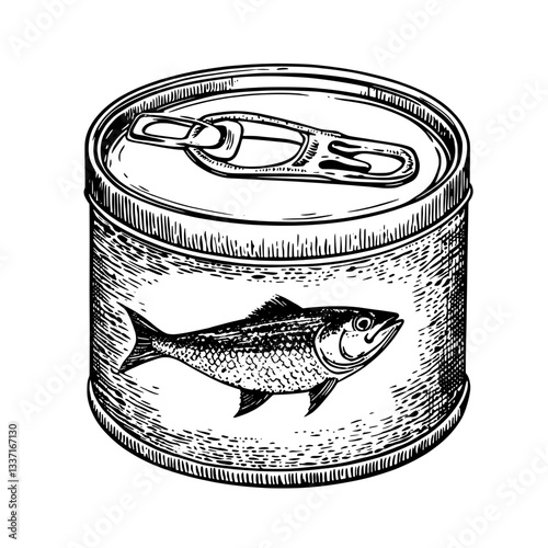 Detailed hand-drawn engraved illustration of a vintage canned fish product design capturing the essence of classical artwork