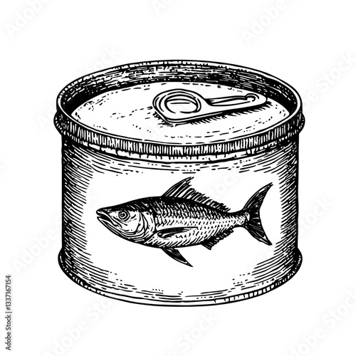 Intricately engraved vintage can featuring a hand-drawn fish design symbolizing artisanal food craftsmanship