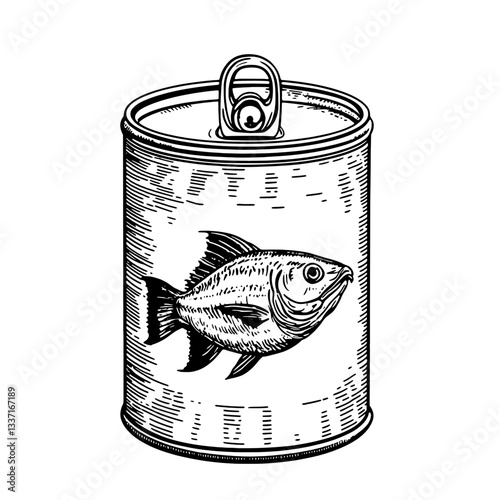 Vintage engraved illustration of a fish in a can showcasing artistic craftsmanship and timeless design