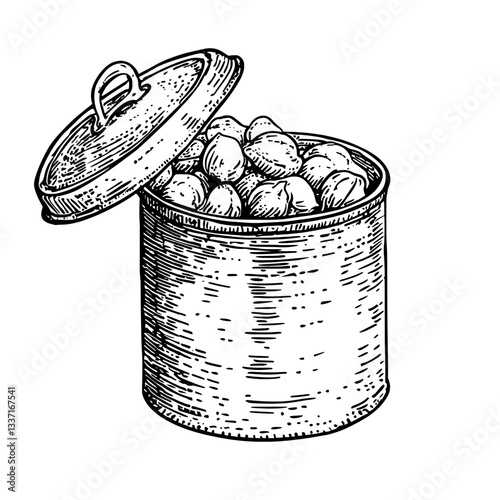 Vintage hand-drawn illustration of a tin can filled with round objects, showcasing intricate engravings and detailed design work