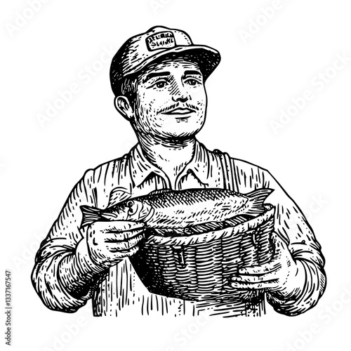 Engraved illustration of a fisherman proudly holding a basket of freshly caught fish
