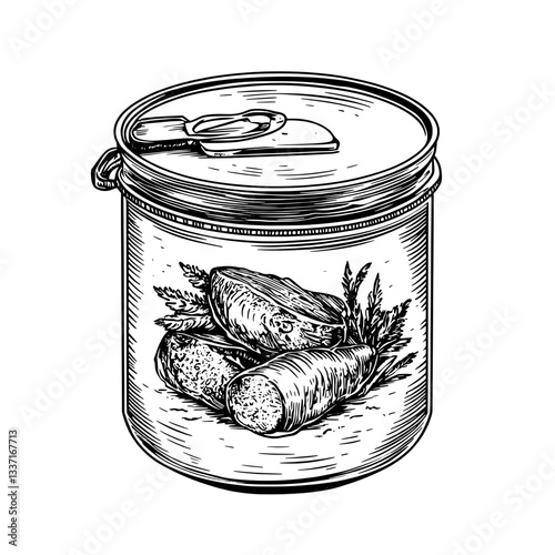 Artistic engraved illustration of preserved vegetables in a vintage jar design showcasing a hand-drawn aesthetic