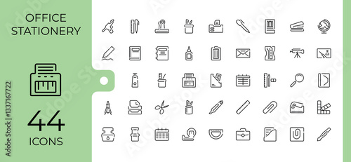 Stationery icon set. Containing stationary, pencil, office document, equipment, paper and more. Sign and Symbol. Education linear icon collection. Editable vector illustration.