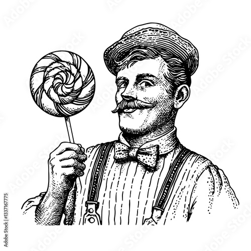Vintage illustration of a cheerful vendor holding a spiral lollipop, showcasing classic hand-drawn craftsmanship
