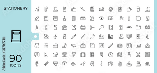Stationery icon set. Containing stationary, pencil, office document, equipment, paper and more. Sign and Symbol. Education linear icon collection. Editable vector illustration.
