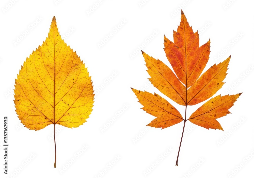 Two autumn leaves displayed on a white background showing their intricate vein patterns and shapes Two autumn leaves displayed on a white background showing their intricate vein patterns and shapes