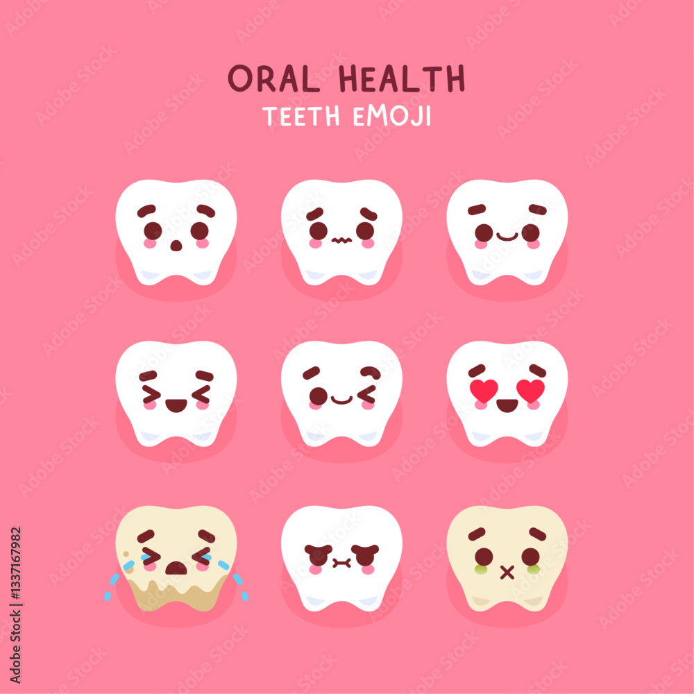 Oral health concept. Teeth emoji vector set. Illustration of smiling healthy tooth characters and sad tooth characters with dental plaque and tartar on pink background Oral health concept. Teeth emoji vector set. Illustration of smiling healthy tooth characters and sad tooth characters with dental plaque and tartar on pink background