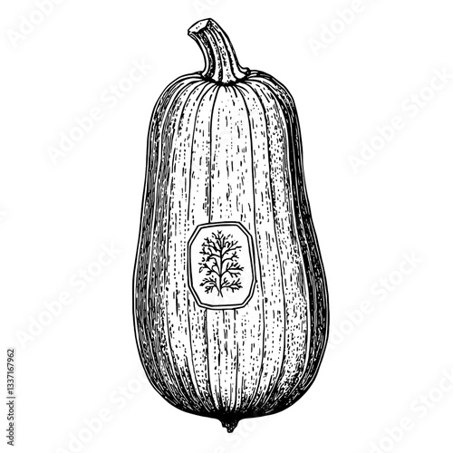 Vintage engraved illustration of a squash showcasing intricate details and traditional design elements for artistic projects