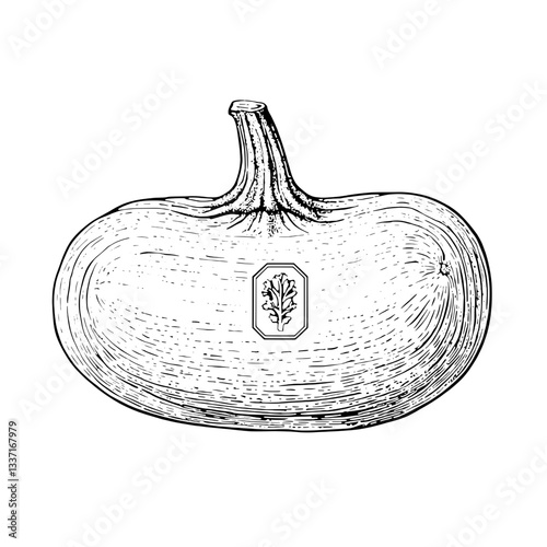 Vintage hand-drawn engraving of a stylized pumpkin with intricate details, showcasing artistic craftsmanship for unique design inspiration