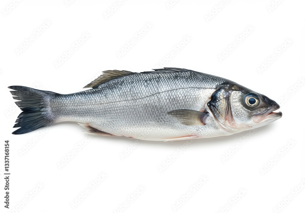 A single silver bass fish lying horizontally on a plain white surface in a studio setting view A single silver bass fish lying horizontally on a plain white surface in a studio setting view