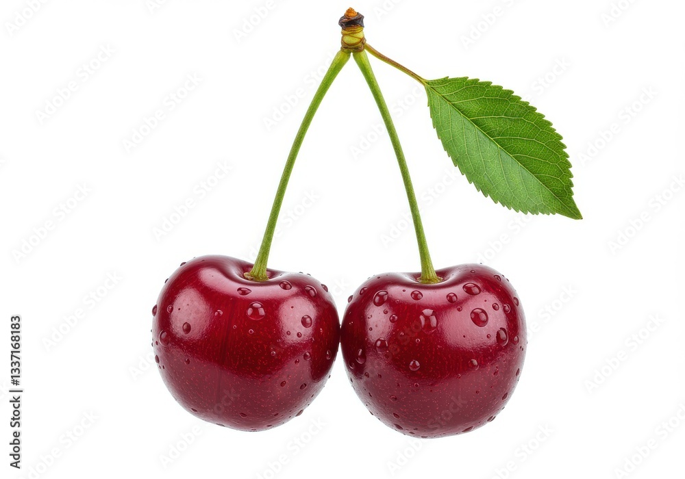 Two ripe cherries with stems and a leaf isolated on a white background close up studio shot Two ripe cherries with stems and a leaf isolated on a white background close up studio shot