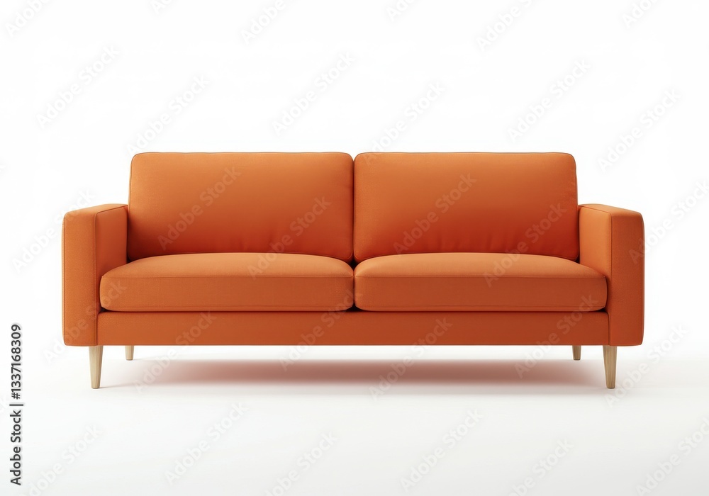 A minimalist orange sofa with wooden legs on a white background studio shot facing the viewer A minimalist orange sofa with wooden legs on a white background studio shot facing the viewer