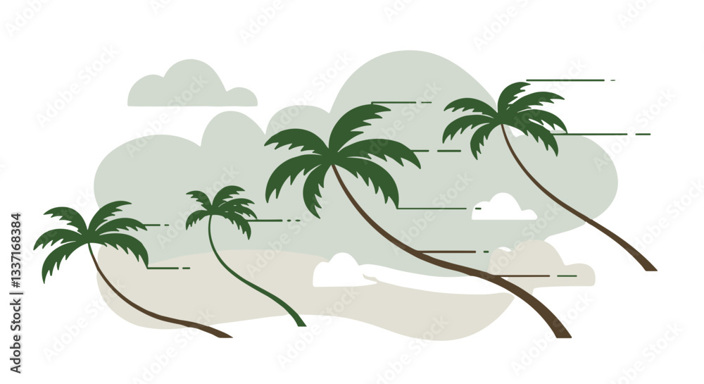 Fototapeta premium Minimalist vector design of bending palm trees against a soft background with clouds.