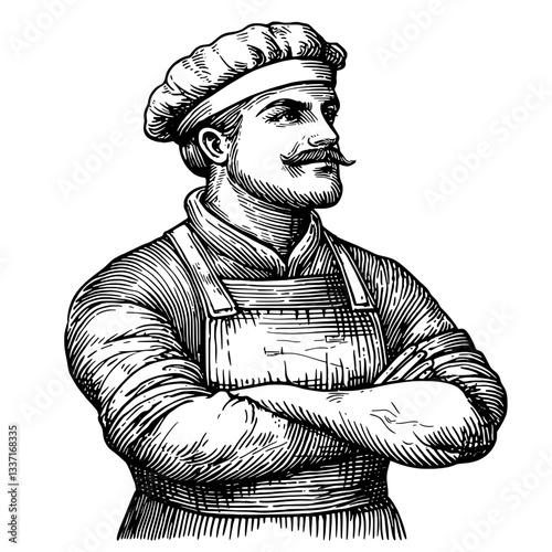 Vintage engraved illustration of a confident artisan wearing an apron and chef's hat, embodying craftsmanship and dedication to culinary arts