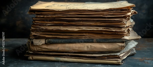 Stack of aged papers, dark background