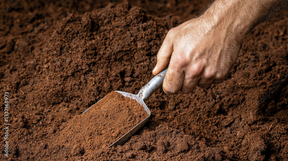 gardener hand using metal trowel to dig into rich brown soil, showcasing joy of gardening gardener hand using metal trowel to dig into rich brown soil, showcasing joy of gardening