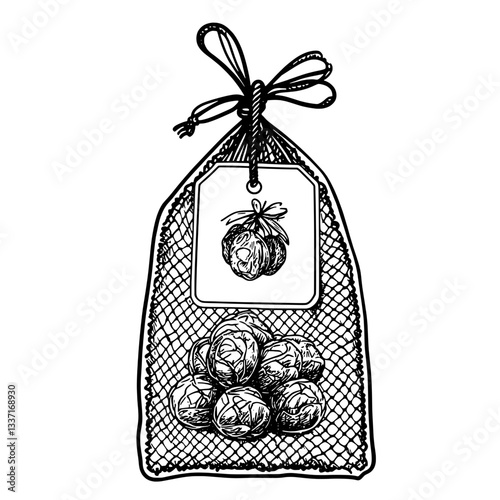 Vintage hand-drawn illustration of a decorative net bag filled with fresh brussels sprouts
