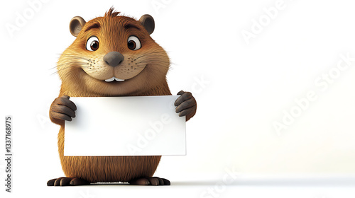 Cartoon character of a cheerful beaver holding a blank sign in a minimalistic setting