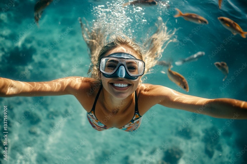 Naklejka premium Bright commercial style image. Many tropical fish swim next to her. A stunning and sexy happy middle eastern young woman with blond hair in a swimming mask and fins snorkeling among the corals.