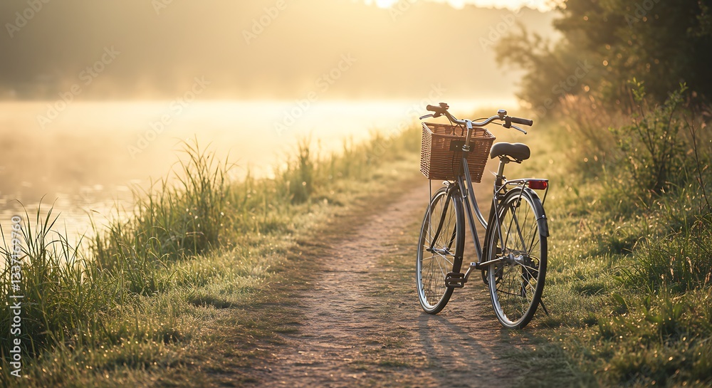 Obraz premium Vintage Bicycle Parked on Path Near Water at Sunrise