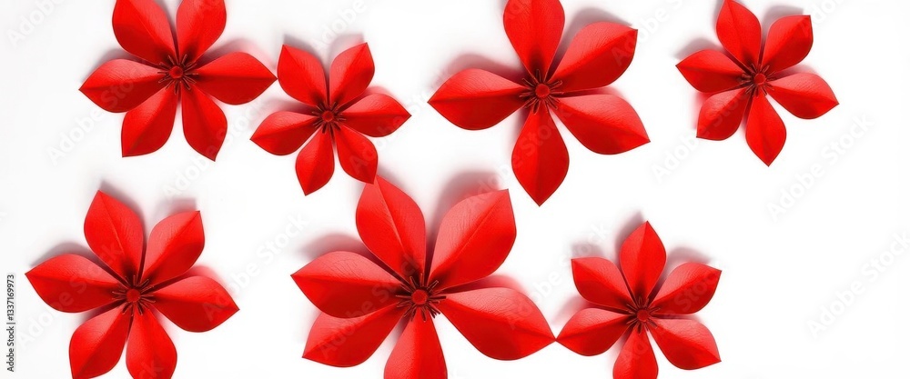 Five vibrant red paper flowers arranged in a cluster on a white background, festive, elegant Five vibrant red paper flowers arranged in a cluster on a white background, festive, elegant