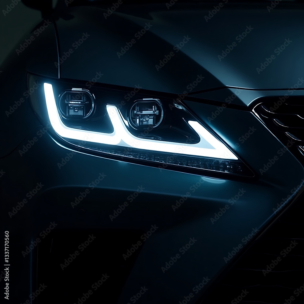 Fototapeta premium Modern LED Car Headlight Close-Up at Night: Crisp White Glow & Stunning Reflections on Glossy Body
