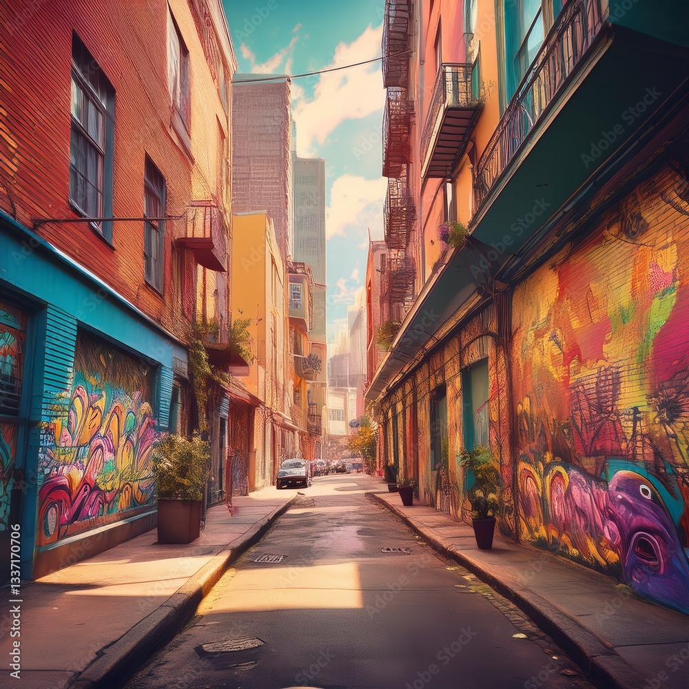 Fototapeta premium Comic cartoon urban street scene with diverse architectural styles