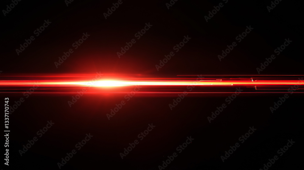 Fototapeta premium Red speed light horizontal straight line on black background. Realistic vector illustration of abstract neon or laser glow motion effect. Long dynamic flare beam and ray with sparkle in movement.