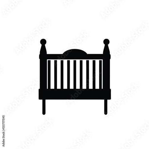 Wooden crib with railings black silhouette on white background
