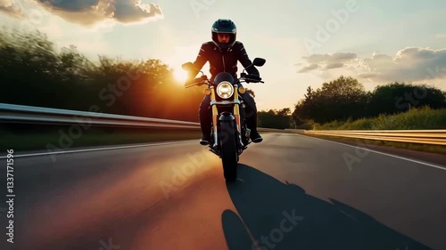 Wallpaper Mural A biker in a helmet and a leather jacket, riding at high speed at sunset. Torontodigital.ca
