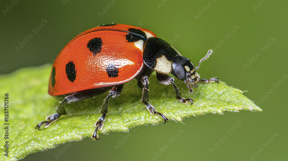 Fototapeta premium close up of vibrant red ladybug with black spots resting on green leaf, showcasing its intricate details and natural beauty