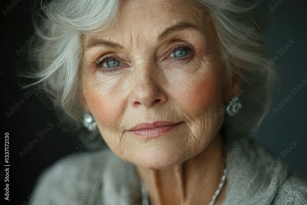 Close-up portrait of a beautiful elderly woman with gray hair, showcasing her wrinkles and expressive eyes. Close-up portrait of a beautiful elderly woman with gray hair, showcasing her wrinkles and expressive eyes.