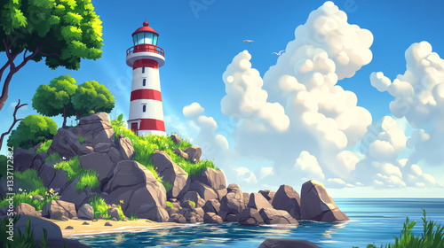 Lighthouse on rock cliff on sea coast. Vector parallax background for 2d animation with cartoon illustration of summer landscape of ocean shore with beacon, nautical navigation tower