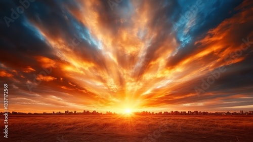 A breathtaking sunrise paints the sky with vivid colors as the sun rises over a picturesque city skyline, reflecting the beauty of nature in urban settings.