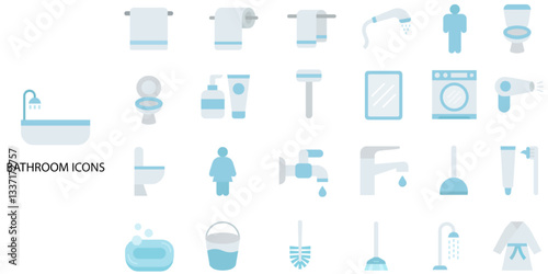 Bathroom simple concept 24 color icons set. Contains such accessories, plumbing pipes, faucet, taps, water valve, shower cabin, bathtub, wall-hung toilet and bidet, shower .Vector illustration.