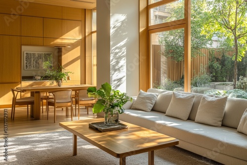 Modern minimalist living area with natural light and garden views