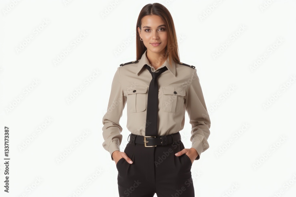 Half-Length (Waist-Up) portrait of young stylish smiling Egyptian female model in uniform wear isolated on pure white background looking at camera Half-Length (Waist-Up) portrait of young stylish smiling Egyptian female model in uniform wear isolated on pure white background looking at camera