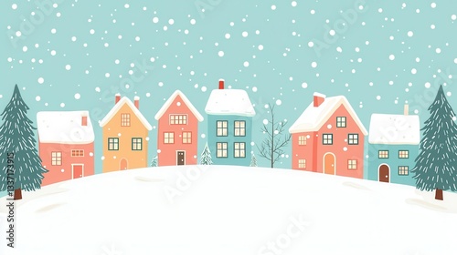 Snowy Village Scene Charming Houses Under Winter Sky