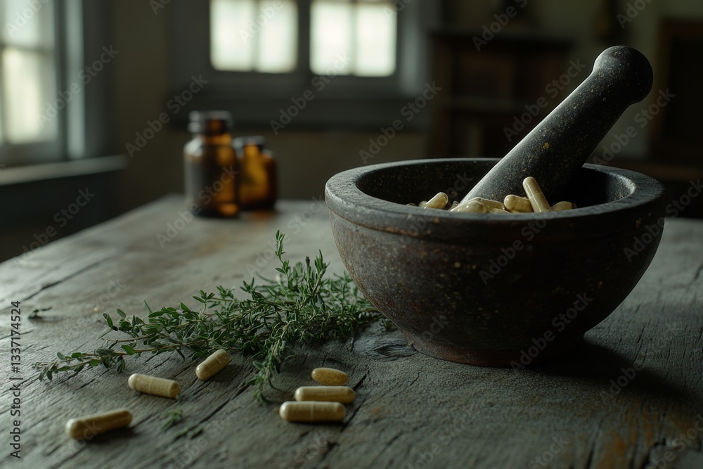 Fototapeta premium Herbal Medicine Capsules in Mortar