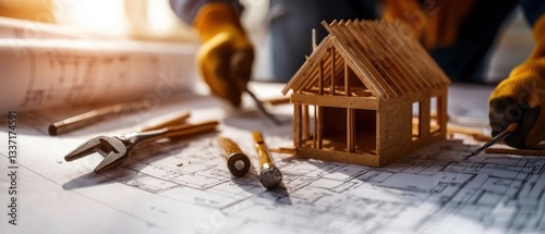 Construction blueprints with model house and tools photo