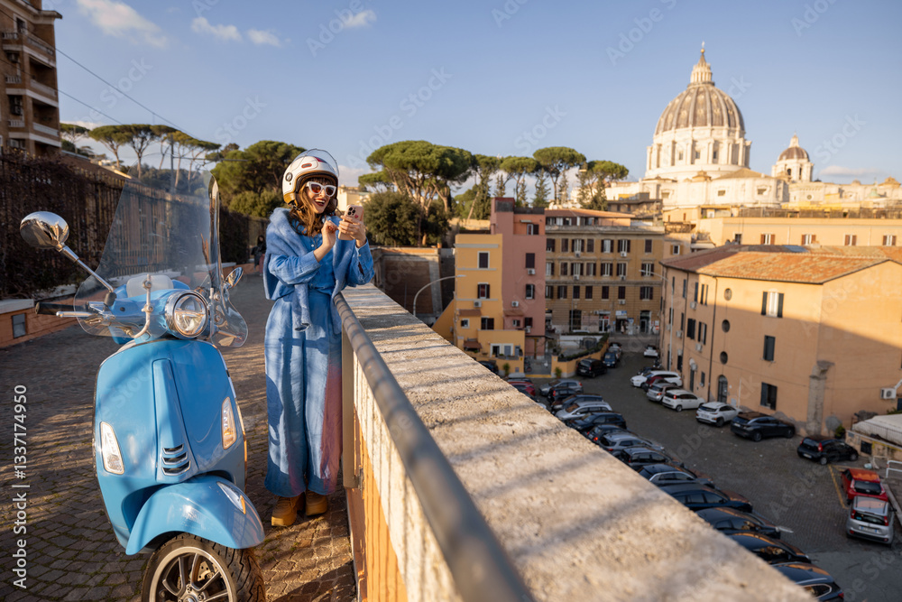 A stylish traveler stops to capture the stunning view of St Peters Basilica while exploring Rome on a blue scooter. A perfect image of adventure, urban lifestyle, and spontaneous travel moments