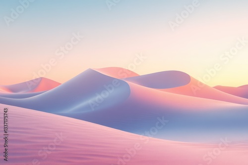 Pastel-colored sand dunes at sunset, serene and peaceful desert landscape.
