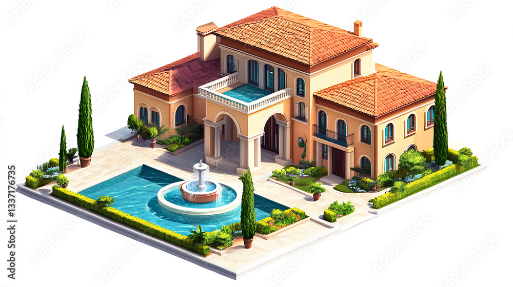 animation of luxury house building with pool in front of it, white background animation of luxury house building with pool in front of it, white background